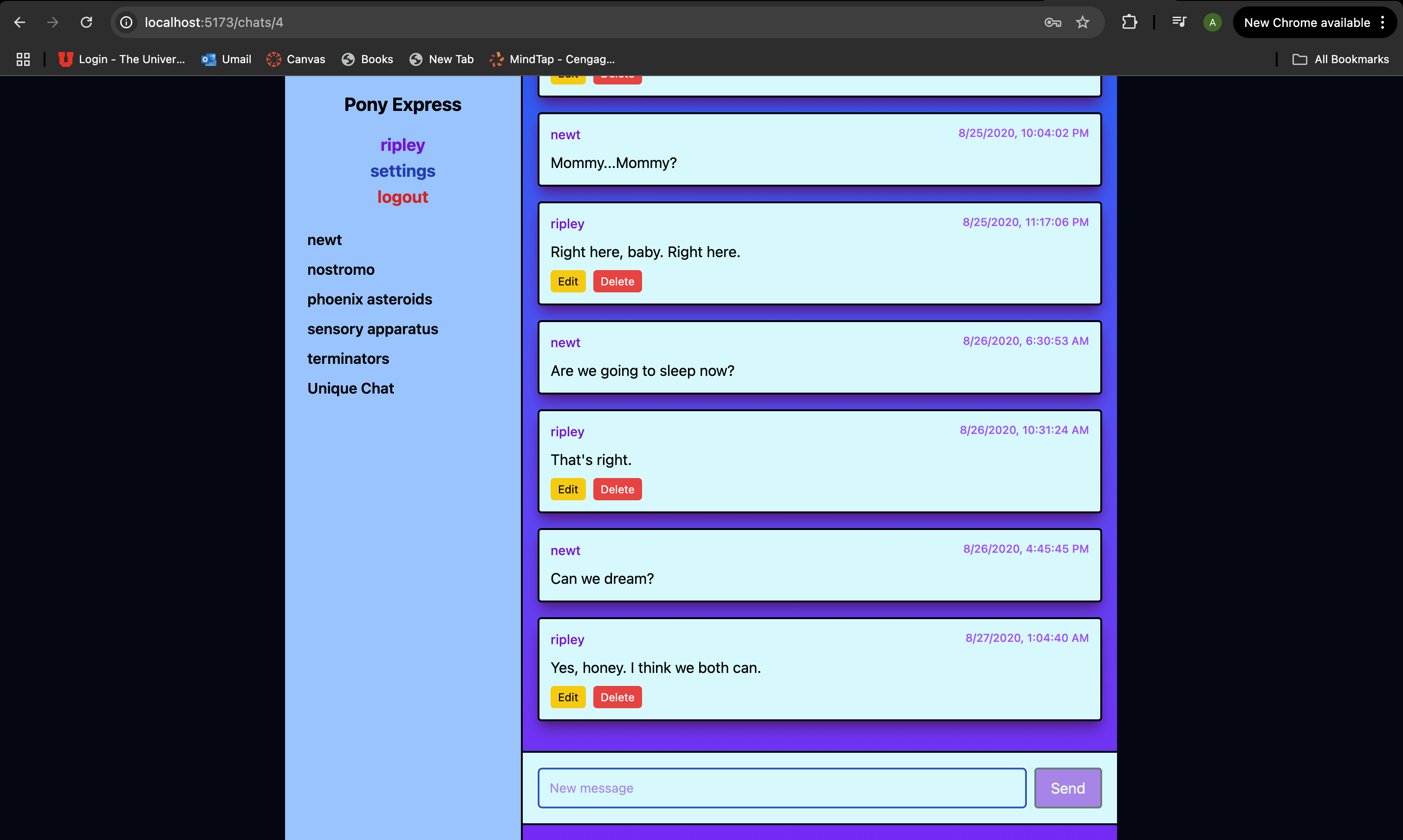 Chat message screen of pony express
